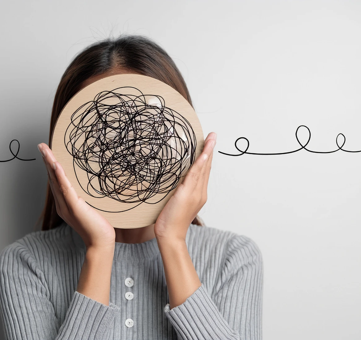 A person holding a drawing of tangled thoughts