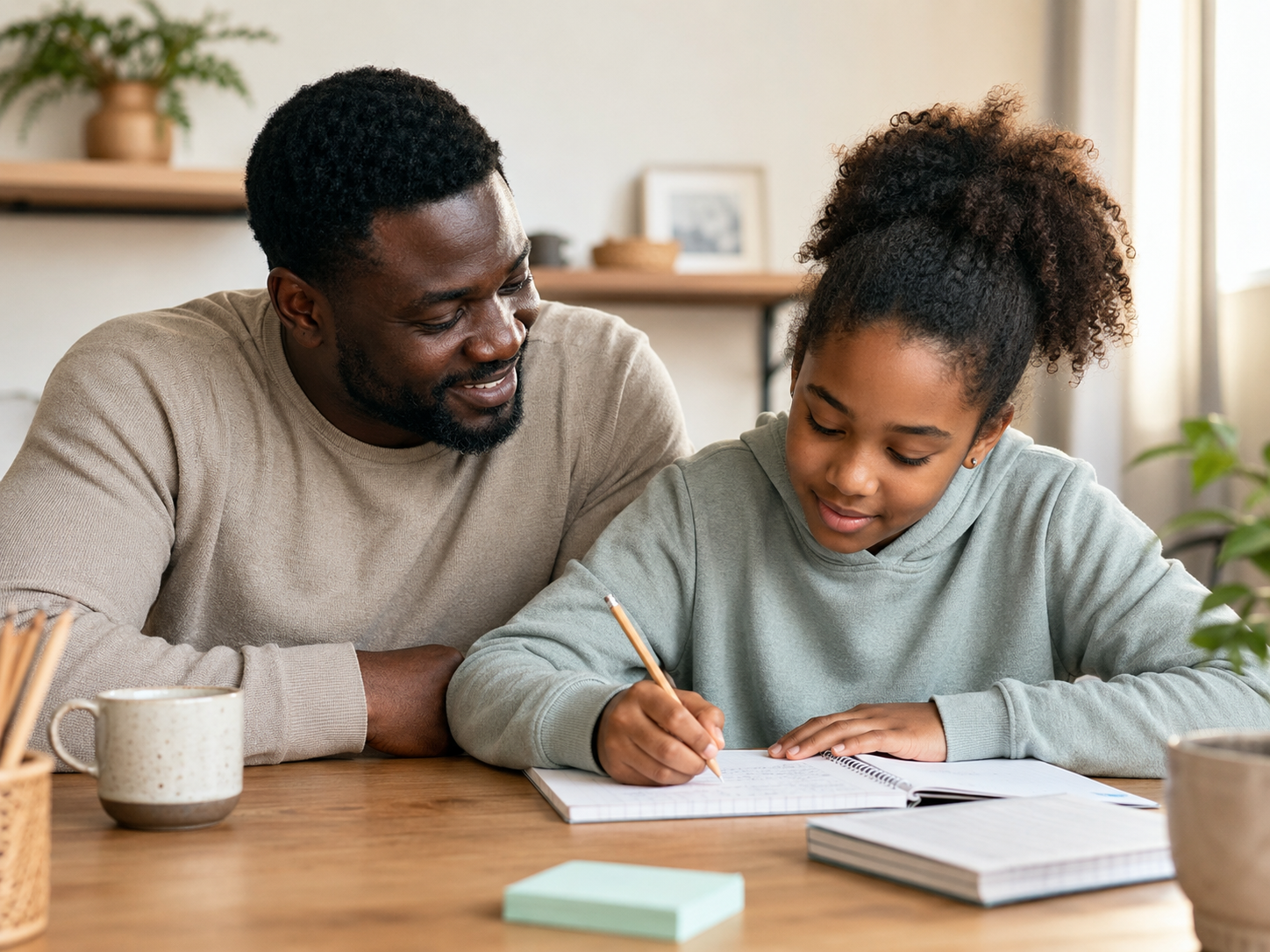Dark-skinned parent supporting child with workbook for mental health tools and coping skills
