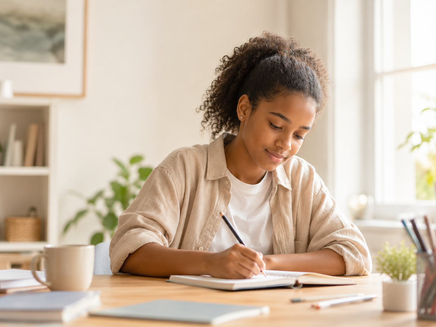 Teen writing in journal for anxiety coping skills and mental health worksheets