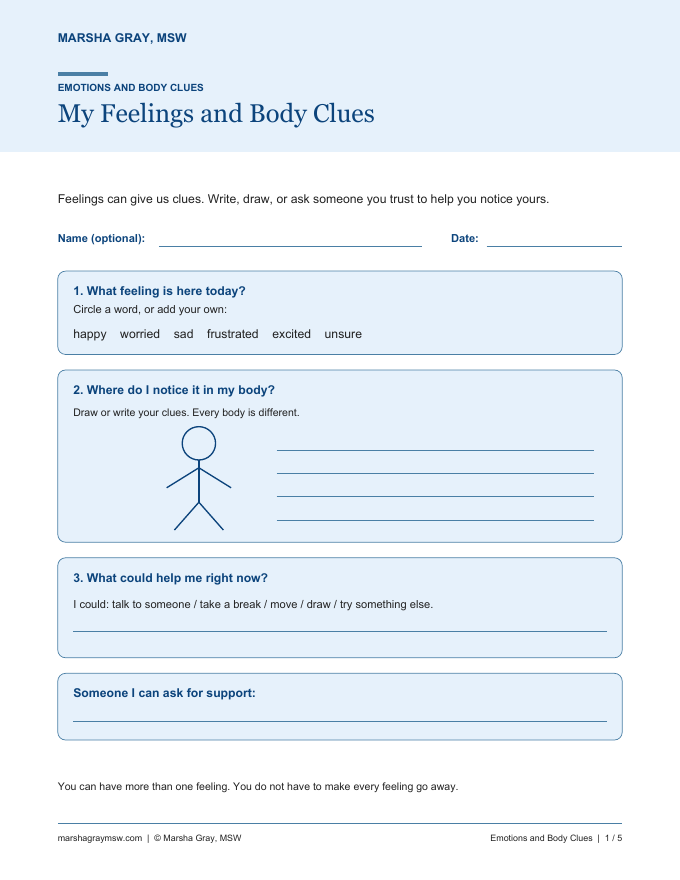 Sample page from the Emotions and Body Clues bundle