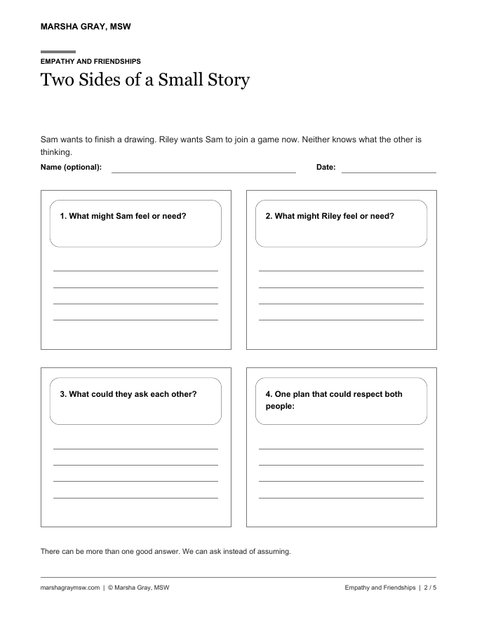 Sample page from the Empathy and Friendships bundle