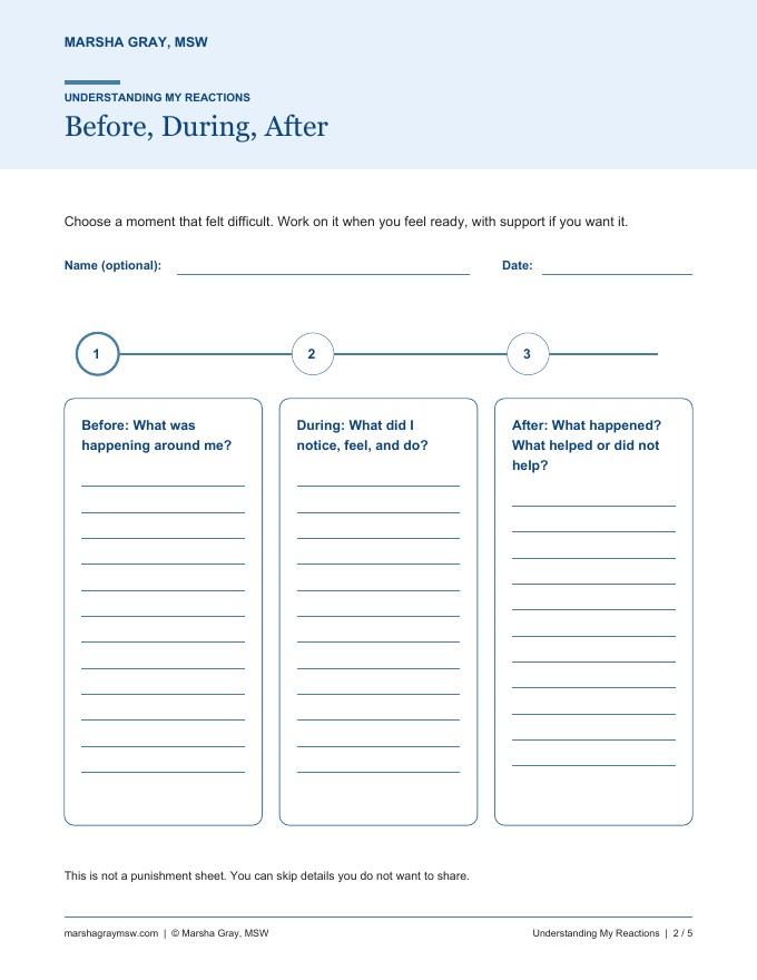 Sample page from the Understanding My Reactions bundle